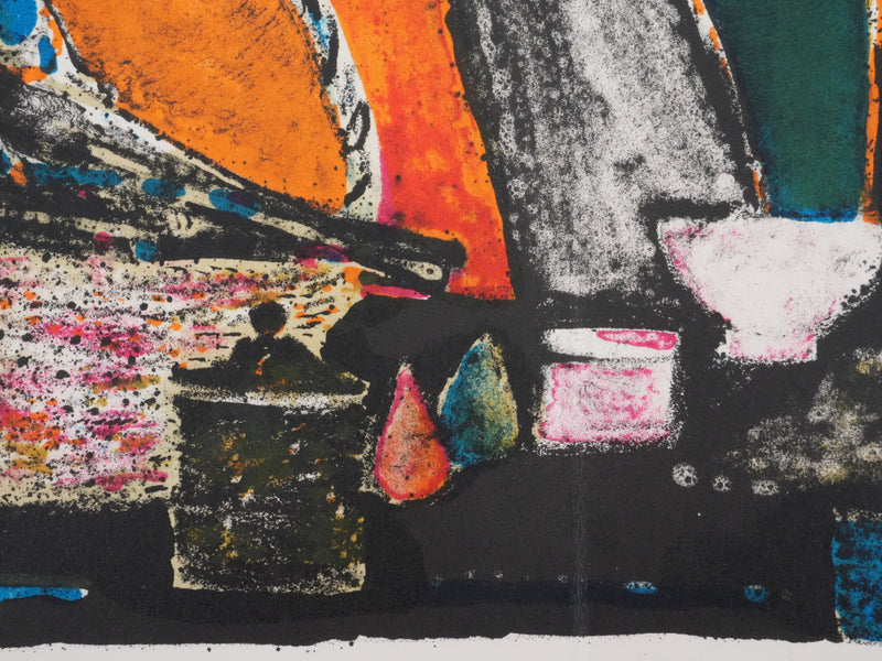 René GENIS : Le panier et nature morte, Lithographie originale signée