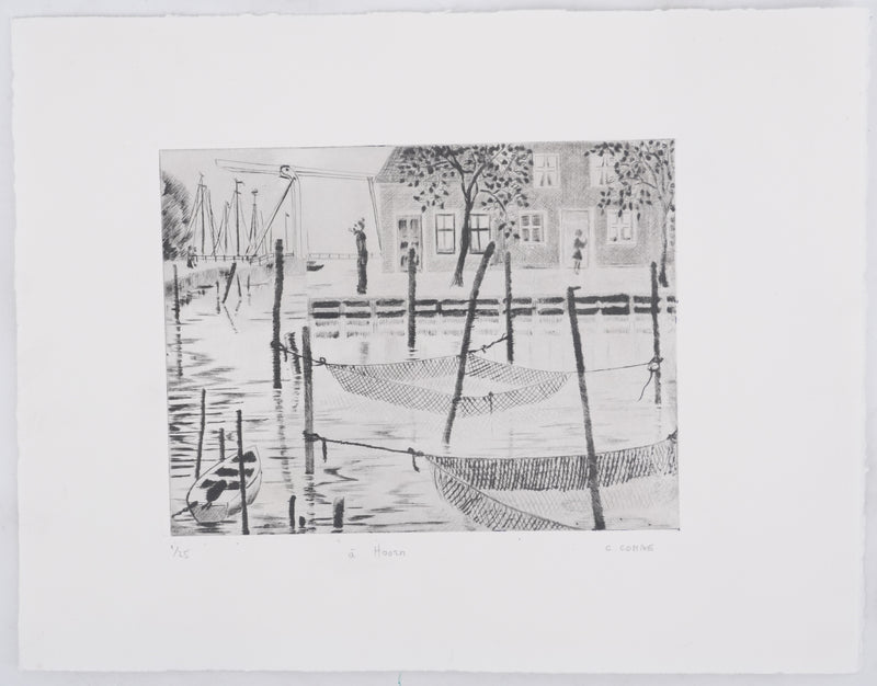 Camille COMBE : A Hoorn, Gravure originale signée