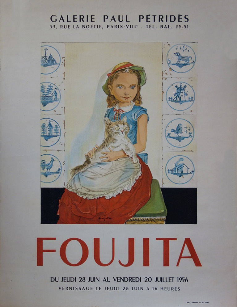 AFFdV Léonard FOUJITA: Young girl with a cat, Original Signed Lithograph, 1956