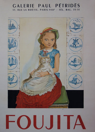 AFFdV Léonard FOUJITA: Young girl with a cat, Original Signed Lithograph, 1956