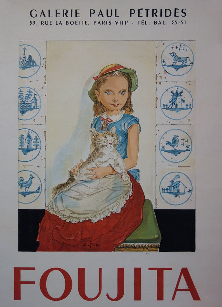 AFFdV Léonard FOUJITA: Young girl with a cat, Original Signed Lithograph, 1956