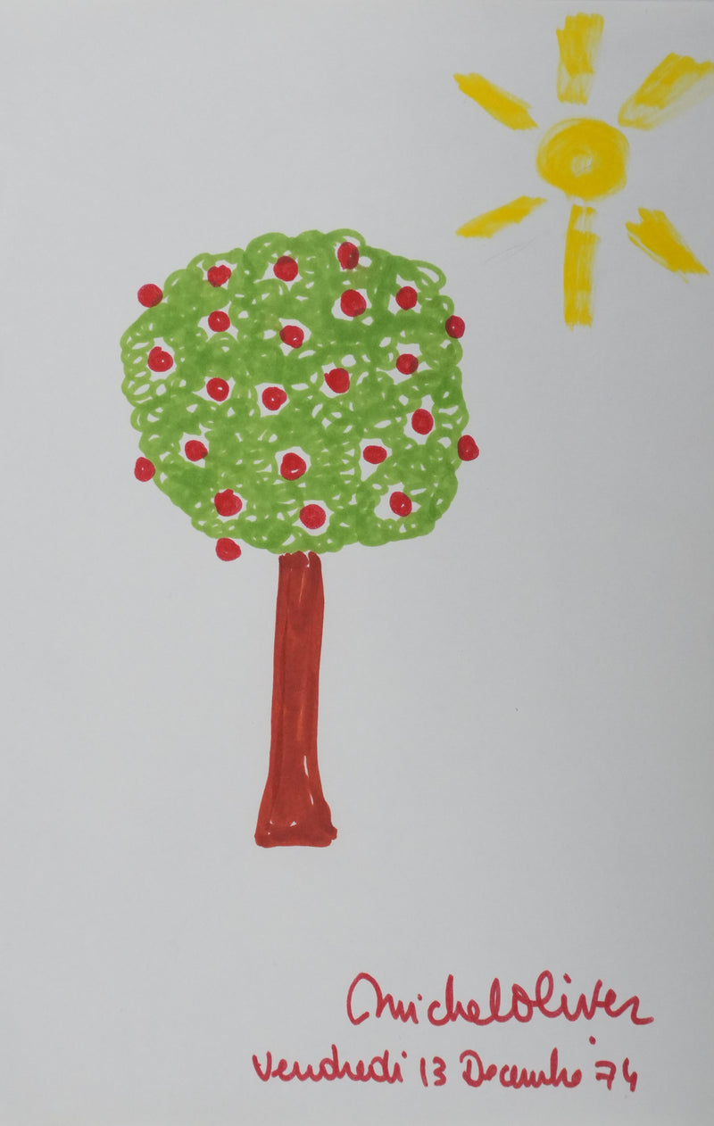 Michel OLIVIER : Le pommier coloré, Autographe et dessin original signé