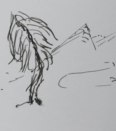 Bernard PIERRE : L'arbre au pied de la montagne, Autographe et dessin original signé