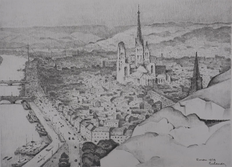 Gaston BALANDE : Cathédrales, Rouen, Lithographie originale signée