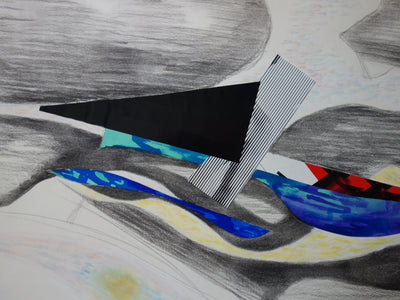 Bernard HERZOG : Composition au triangle noir, Aquarelle et collage original signé