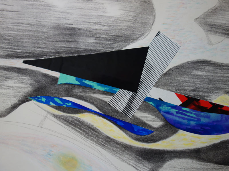 Bernard HERZOG : Composition au triangle noir, Aquarelle et collage original signé