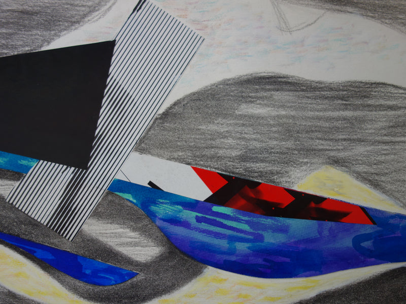 Bernard HERZOG : Composition au triangle noir, Aquarelle et collage original signé