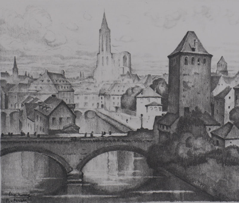 Gaston BALANDE : Cathédrales, Strasbourg, Lithographie originale signée