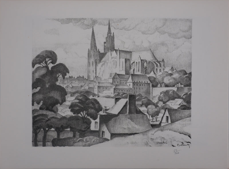 Gaston BALANDE : Cathédrales, Chartres, Lithographie originale signée