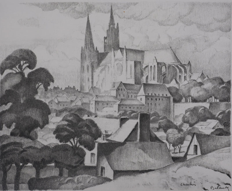 Gaston BALANDE : Cathédrales, Chartres, Lithographie originale signée