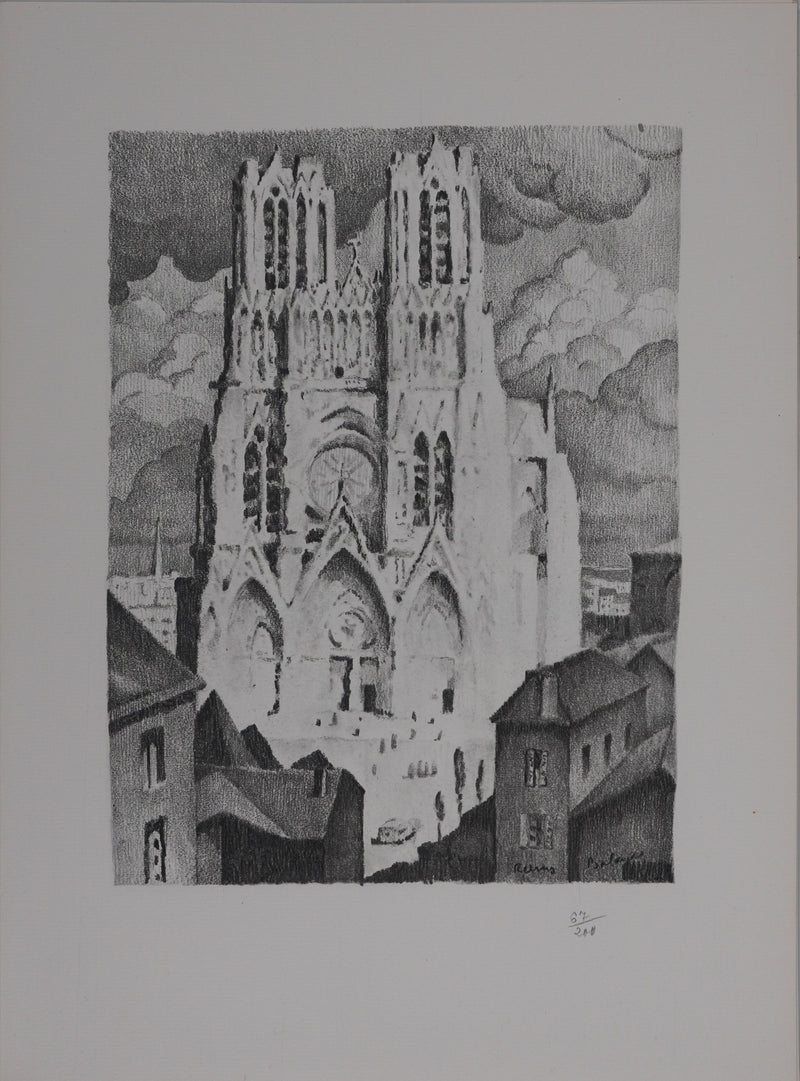 Gaston BALANDE : Cathédrales, Reims, Lithographie originale signée