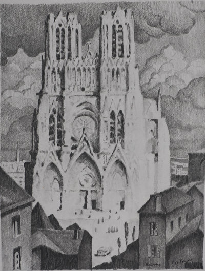 Gaston BALANDE : Cathédrales, Reims, Lithographie originale signée