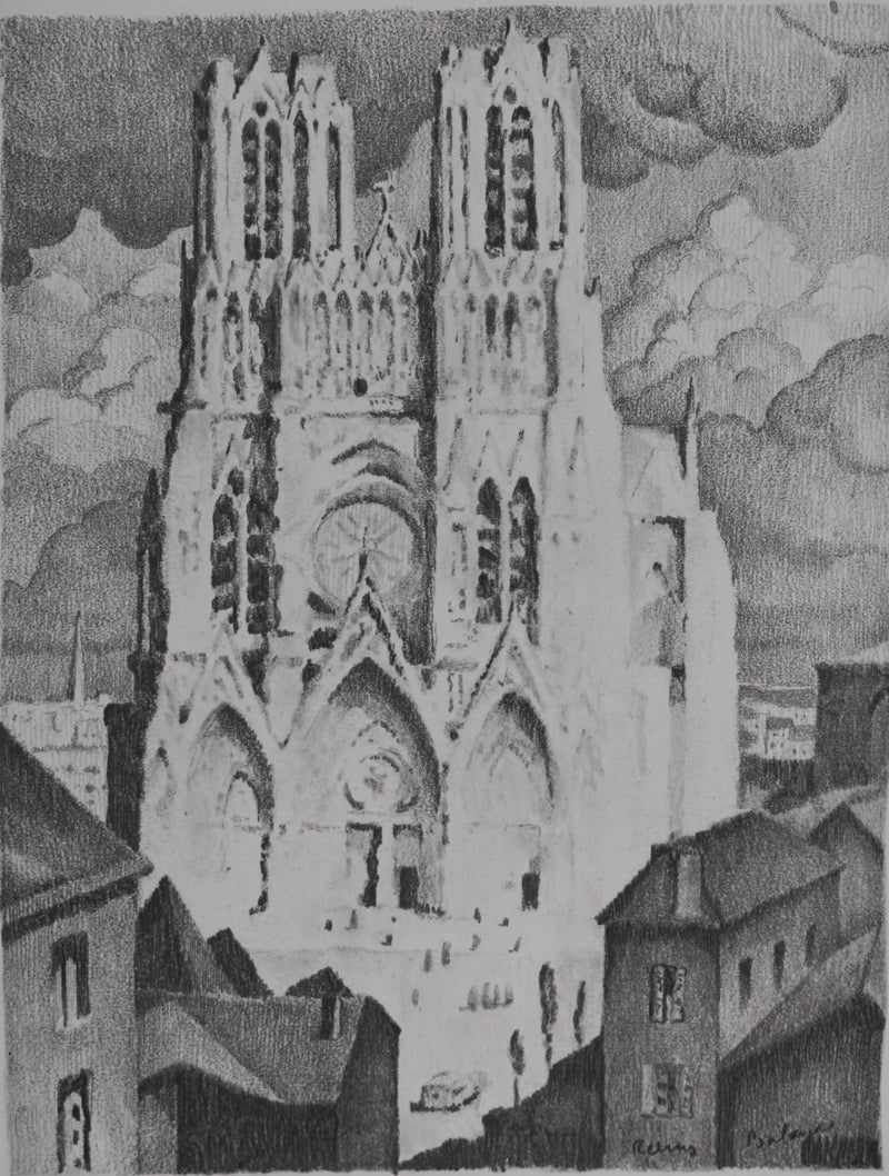 Gaston BALANDE : Cathédrales, Reims, Lithographie originale signée
