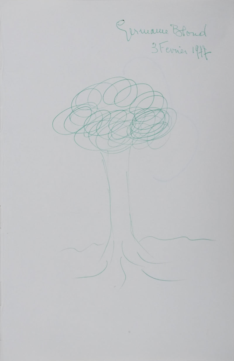 Germaine BLOND : Un arbre en vert, Autographe et dessin original signé