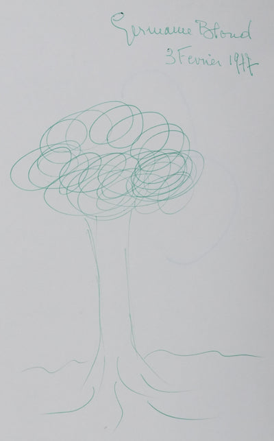 Germaine BLOND : Un arbre en vert, Autographe et dessin original signé