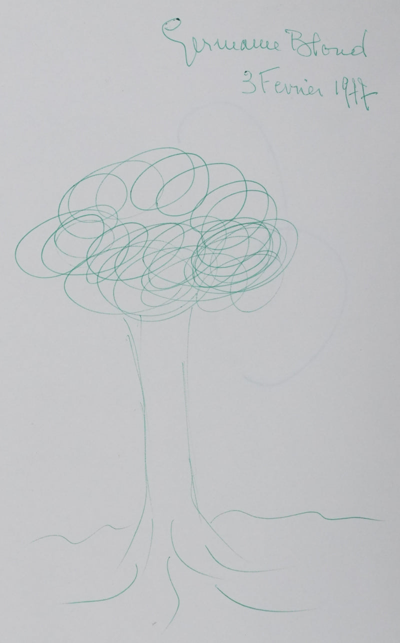 Germaine BLOND : Un arbre en vert, Autographe et dessin original signé
