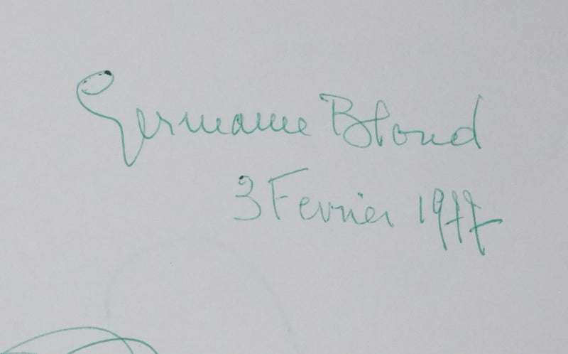 Germaine BLOND : Un arbre en vert, Autographe et dessin original signé