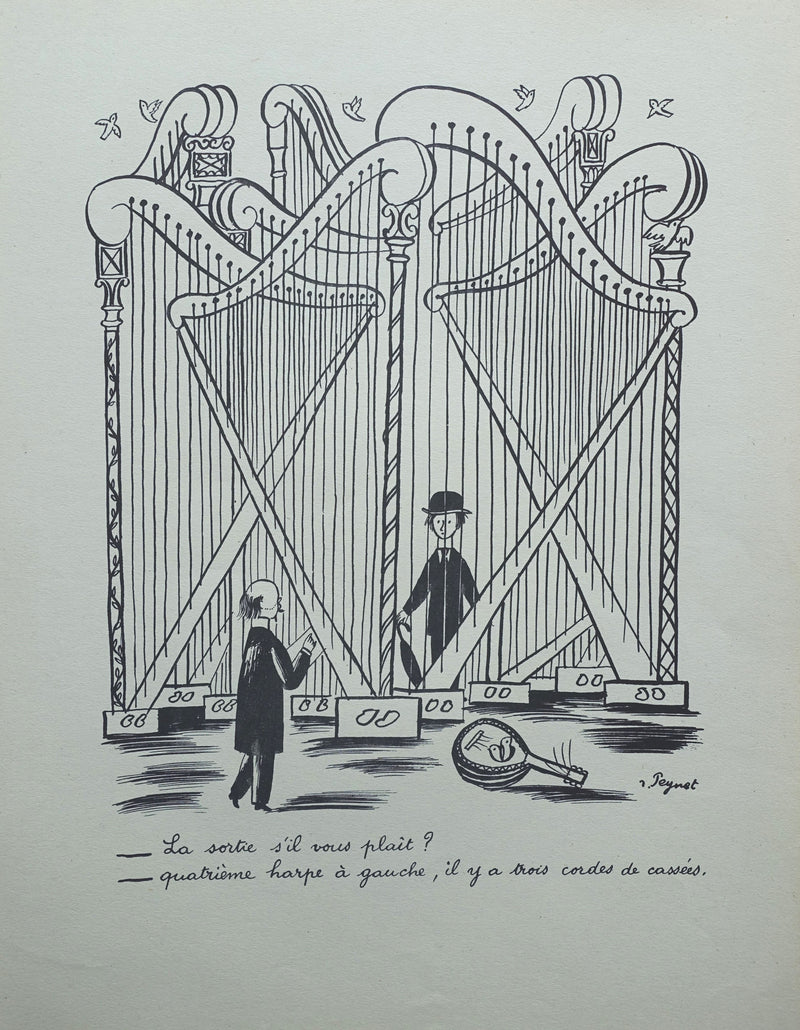 Raymond PEYNET : Le portail et les harpes, Gravure humoristique signée