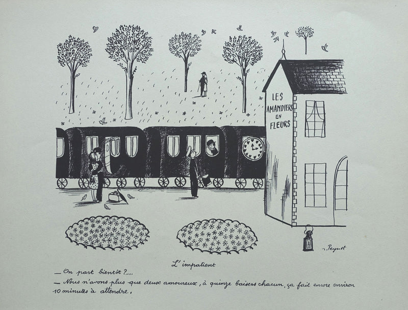 Raymond PEYNET : Le petit train, Gravure humoristique signée