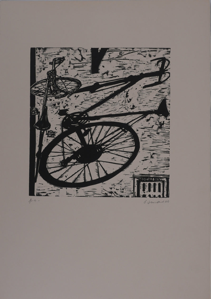 Gianfranco SCHIALVINO : La bicyclette, Gravure originale signée
