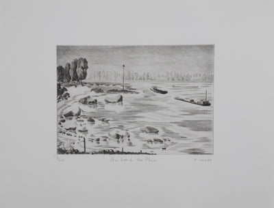 Camille COMBE : Au bord du Rhin, Gravure originale signée