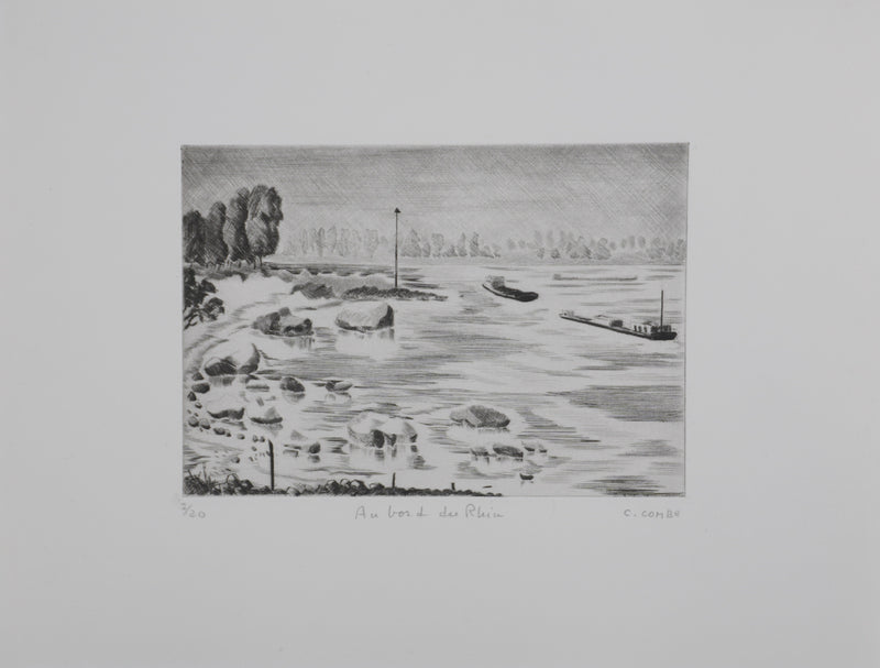 Camille COMBE : Au bord du Rhin, Gravure originale signée