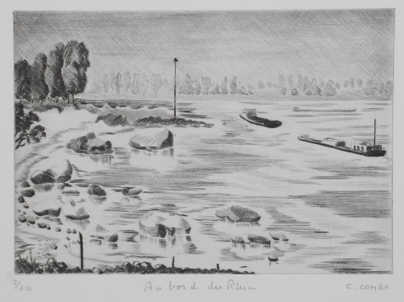 Camille COMBE : Au bord du Rhin, Gravure originale signée