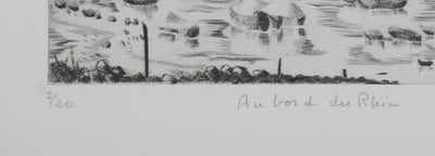Camille COMBE : Au bord du Rhin, Gravure originale signée