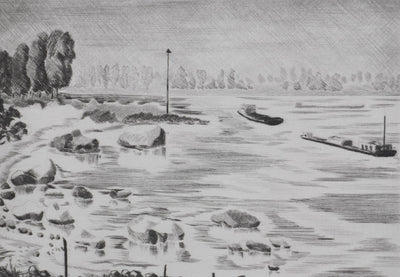 Camille COMBE : Au bord du Rhin, Gravure originale signée