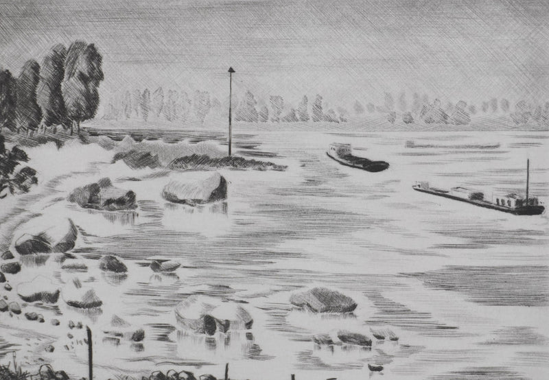 Camille COMBE : Au bord du Rhin, Gravure originale signée
