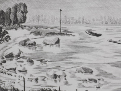 Camille COMBE : Au bord du Rhin, Gravure originale signée