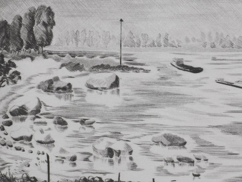 Camille COMBE : Au bord du Rhin, Gravure originale signée