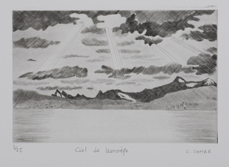 Camille COMBE : Ciel de Norvège, Gravure originale signée