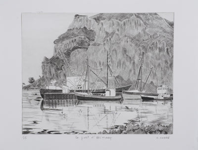 Camille COMBE : Le port d'Heimaey, Gravure originale signée