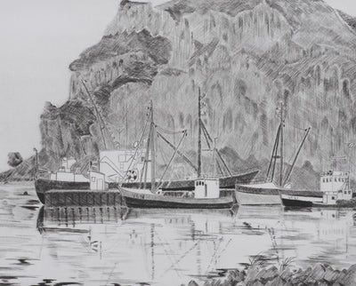 Camille COMBE : Le port d'Heimaey, Gravure originale signée