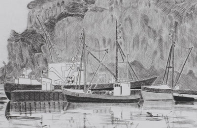 Camille COMBE : Le port d'Heimaey, Gravure originale signée