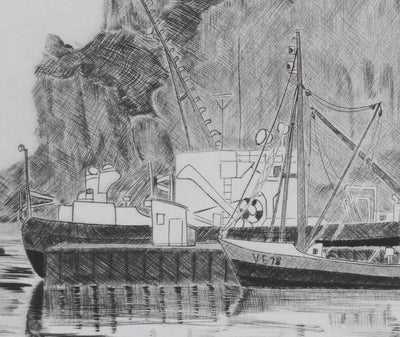 Camille COMBE : Le port d'Heimaey, Gravure originale signée