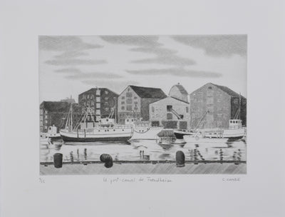 Camille COMBE : Le port-canal de Trondheim, Gravure originale signée