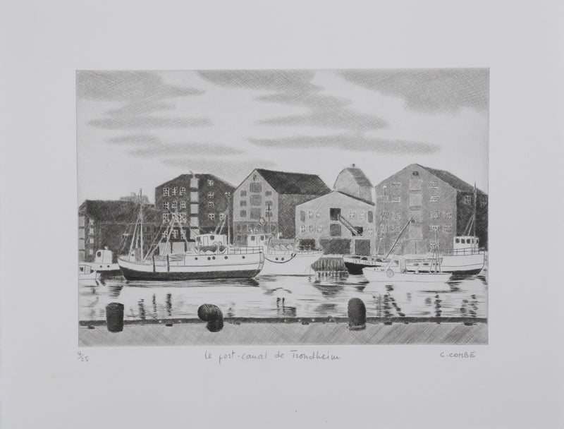 Camille COMBE : Le port-canal de Trondheim, Gravure originale signée
