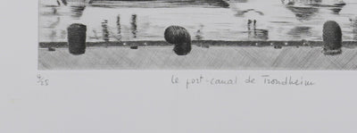 Camille COMBE : Le port-canal de Trondheim, Gravure originale signée