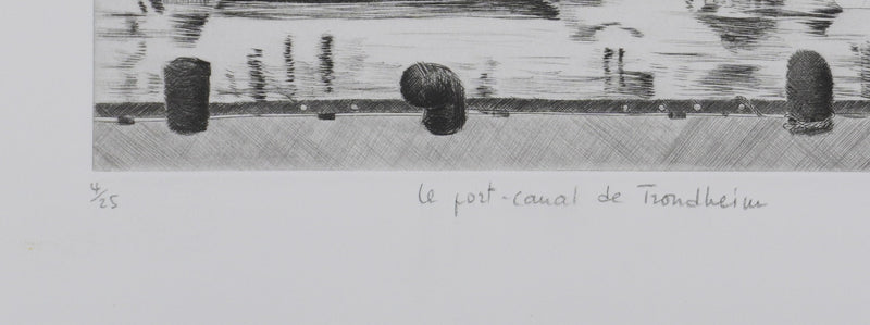 Camille COMBE : Le port-canal de Trondheim, Gravure originale signée
