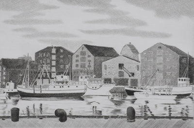 Camille COMBE : Le port-canal de Trondheim, Gravure originale signée