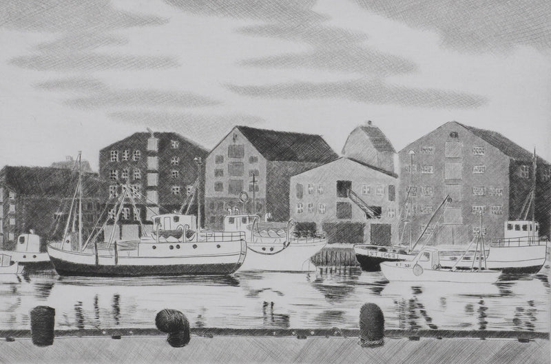 Camille COMBE : Le port-canal de Trondheim, Gravure originale signée