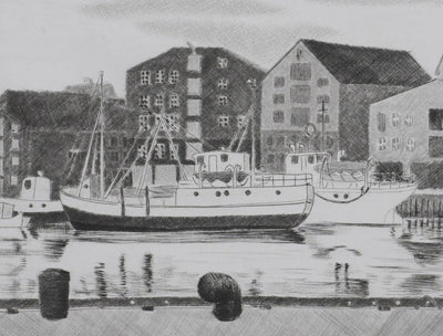 Camille COMBE : Le port-canal de Trondheim, Gravure originale signée