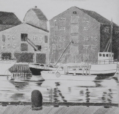 Camille COMBE : Le port-canal de Trondheim, Gravure originale signée