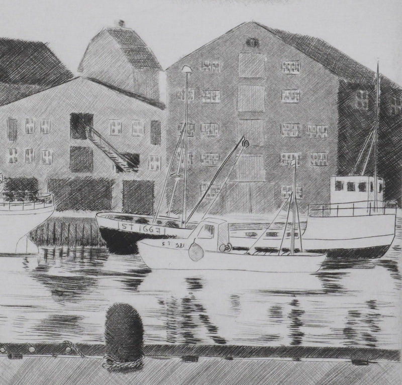 Camille COMBE : Le port-canal de Trondheim, Gravure originale signée