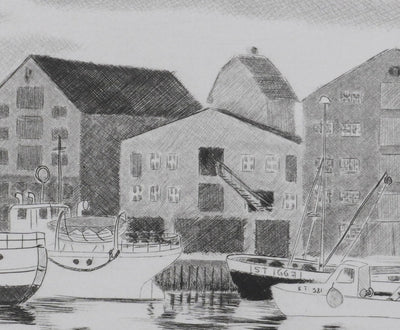 Camille COMBE : Le port-canal de Trondheim, Gravure originale signée