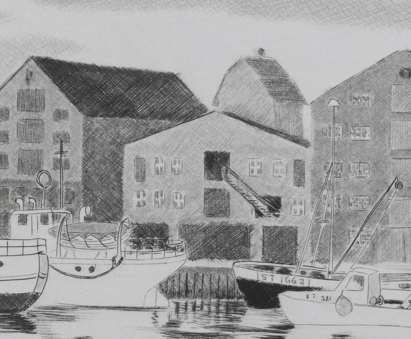 Camille COMBE : Le port-canal de Trondheim, Gravure originale signée