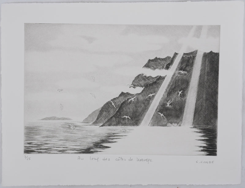 Camille COMBE : Au loup des côtes de Norvège, Gravure originale signée