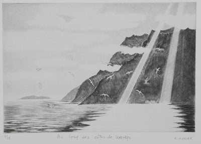 Camille COMBE : Au loup des côtes de Norvège, Gravure originale signée